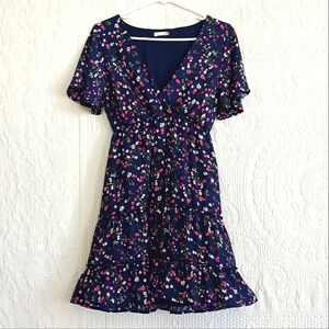 Altar'd State Navy Floral Mini Dress Ruffle Cute Low Cut Tiered Wrap Picnic Date